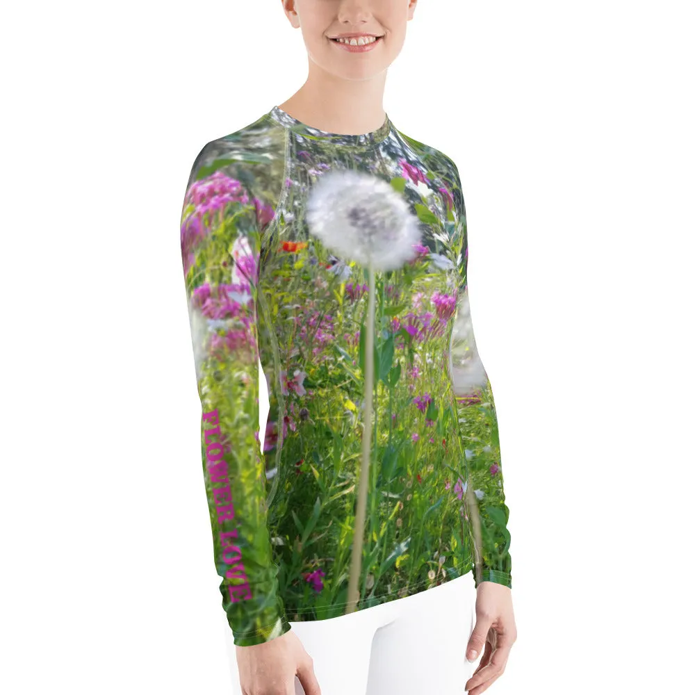 The FLOWER LOVE Collection - "Dreamy Dandelions" Design Luxurious Women's Rash Guard, Sun Protective Clothing, Sports & Fitness Clothing