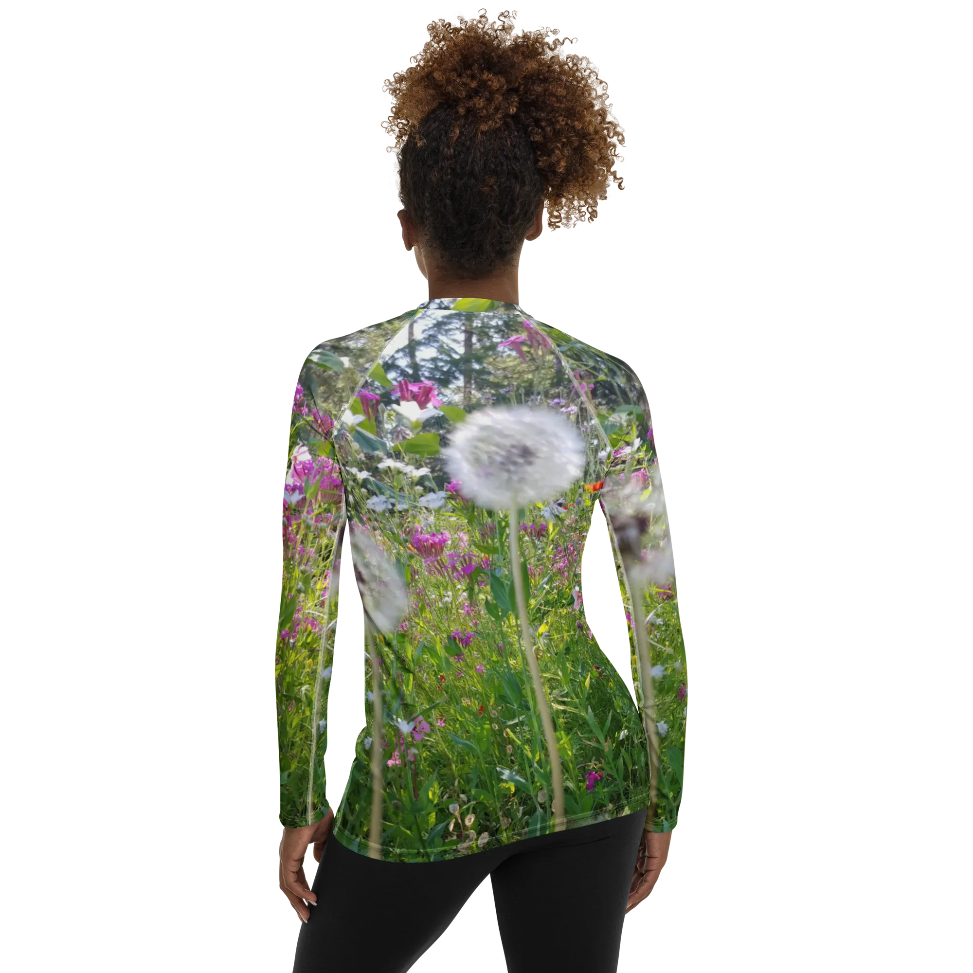 The FLOWER LOVE Collection - "Dreamy Dandelions" Design Luxurious Women's Rash Guard, Sun Protective Clothing, Sports & Fitness Clothing