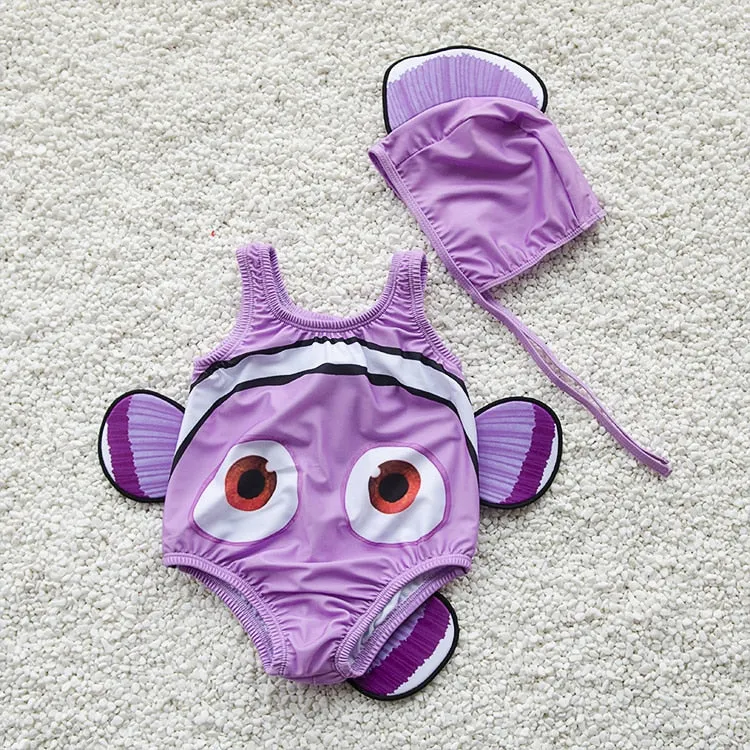 Toddler One-Piece Cute Swimsuit With Cap Fish Print 3D Animal  Swimwear