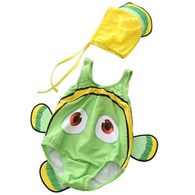 Toddler One-Piece Cute Swimsuit With Cap Fish Print 3D Animal  Swimwear