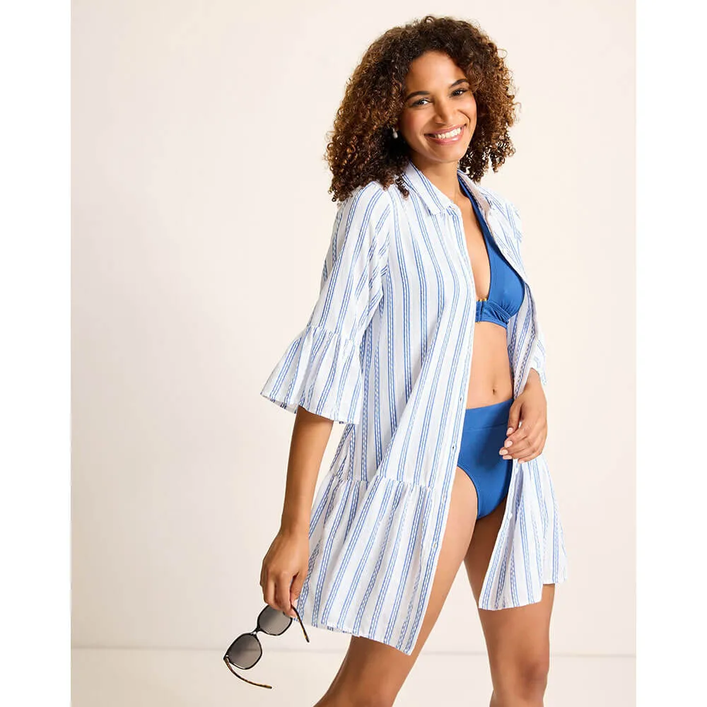 Tommy Bahama Womens Bonita Stripe Tier Shirt Dress Coverup - Beaming Blue