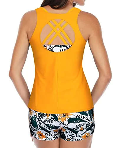 Trendy 3-Piece Tankini Swimsuits For Women Tummy Control Boy Shorts-Yellow Floral
