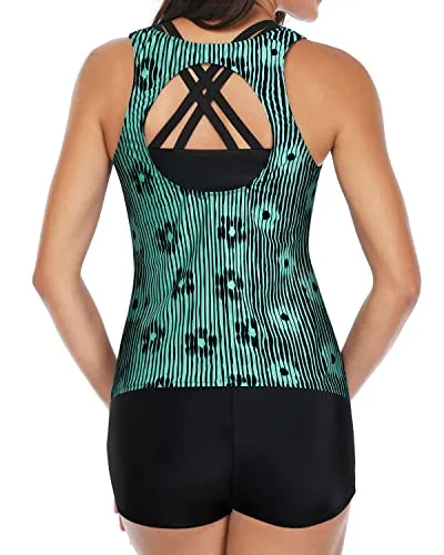 Trendy Tankini Swimsuits Padded Bra 3 Piece Sets For Women-Green Floral