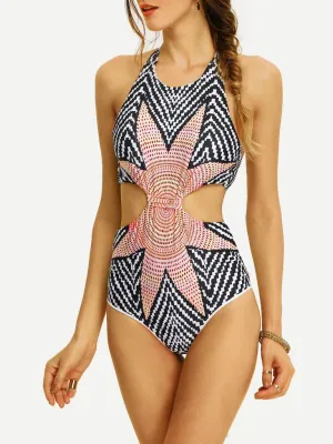 Tribal Print Cutout One-Piece Swimwear - Grey