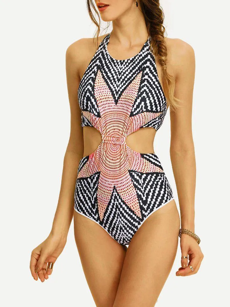 Tribal Print Cutout One-Piece Swimwear - Grey