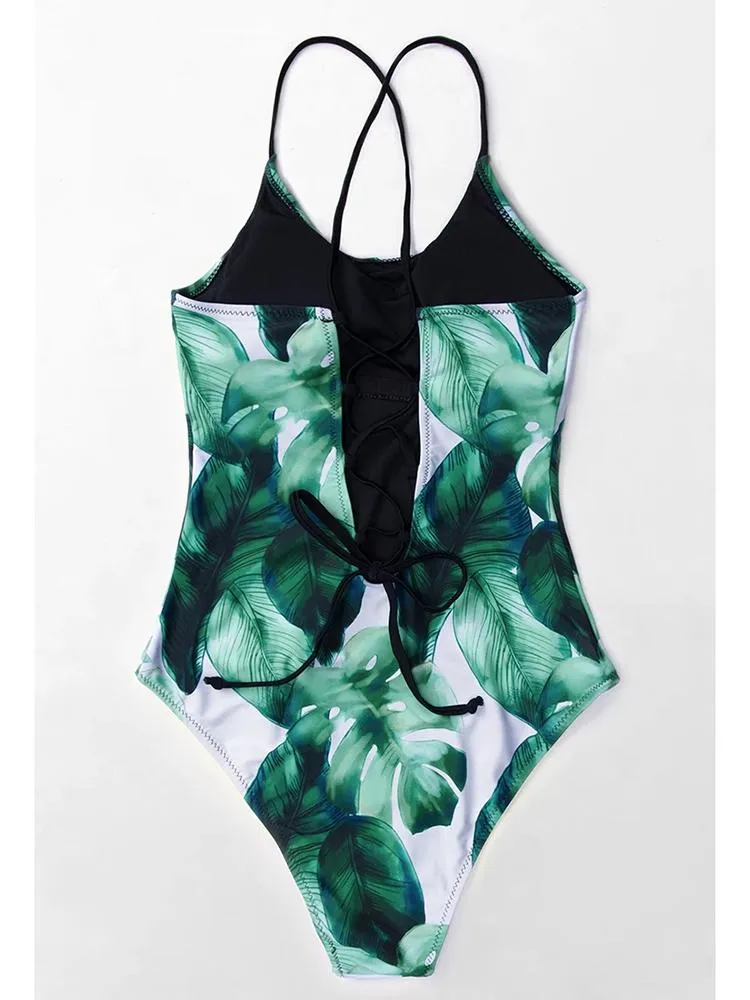 Tropical Leaves Lace-up One-Piece Swimsuit