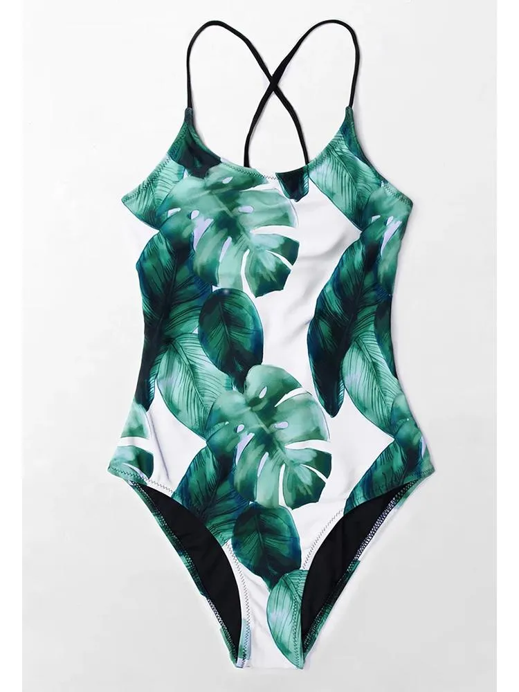 Tropical Leaves Lace-up One-Piece Swimsuit