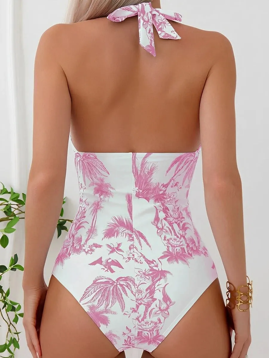 Tropical Palms Print Halter Monokini for Women