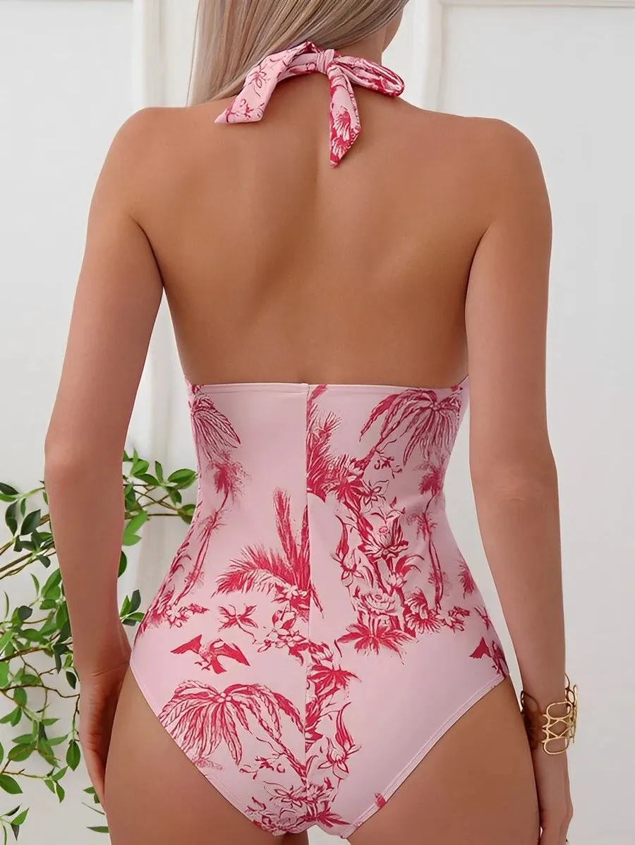Tropical Palms Print Halter Monokini for Women