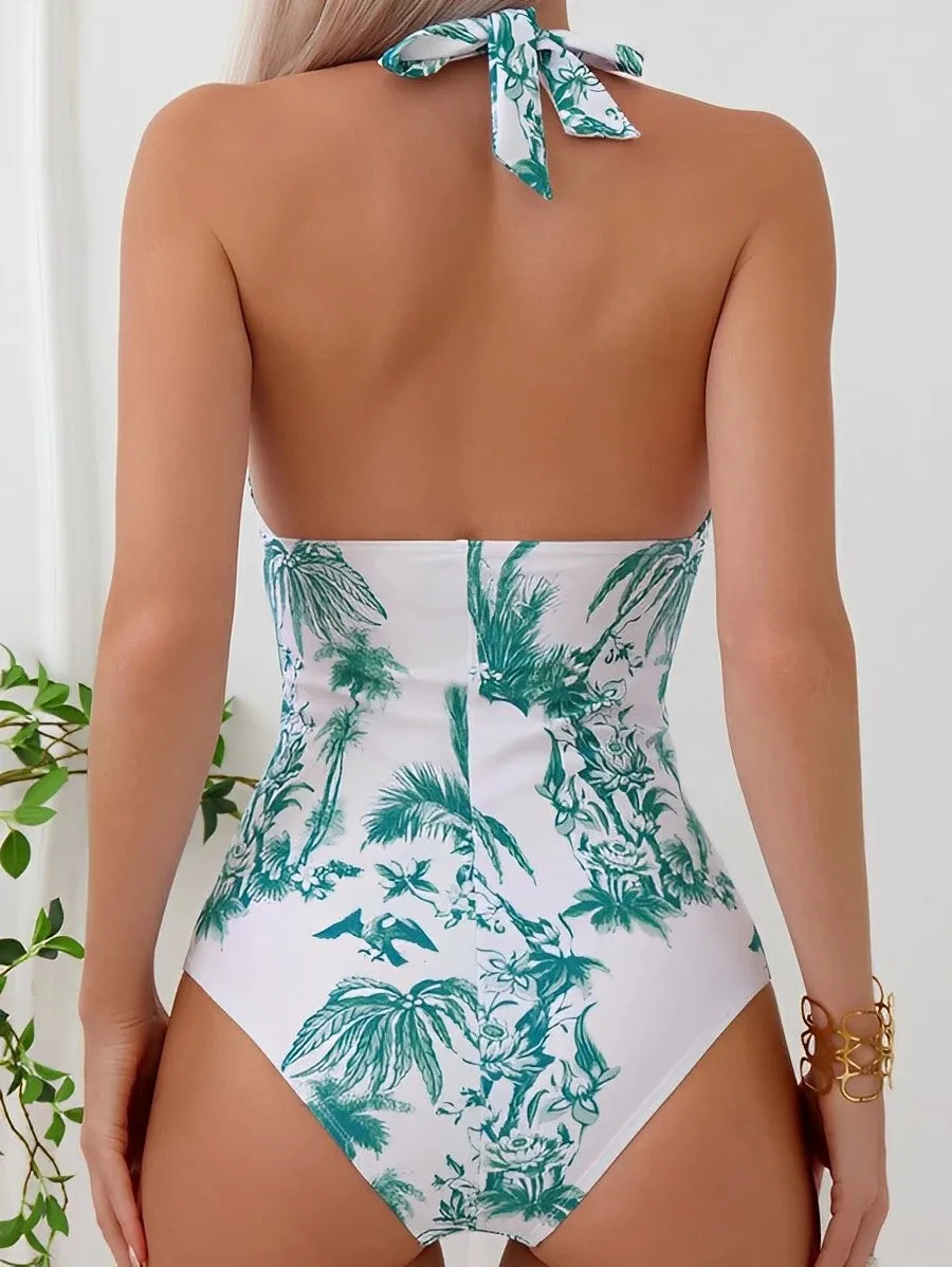 Tropical Palms Print Halter Monokini for Women