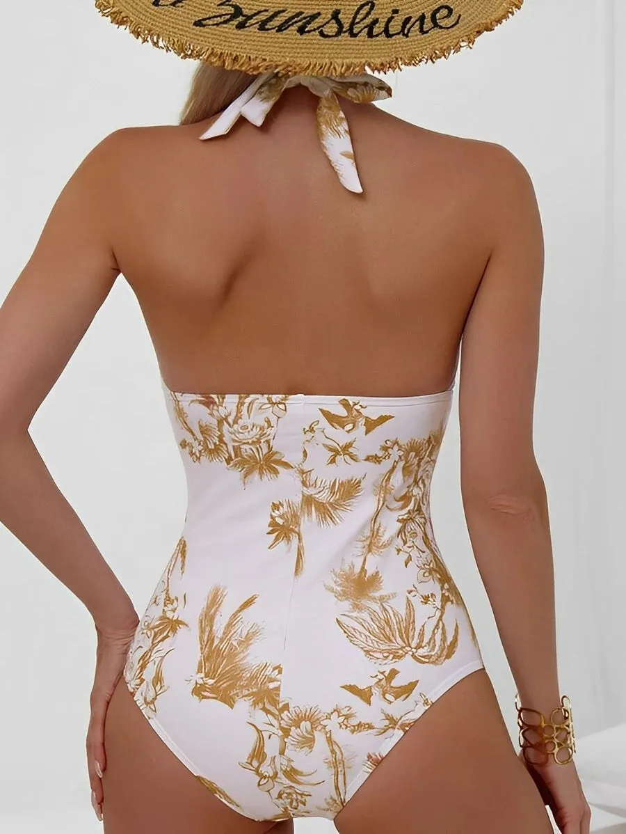 Tropical Palms Print Halter Monokini for Women
