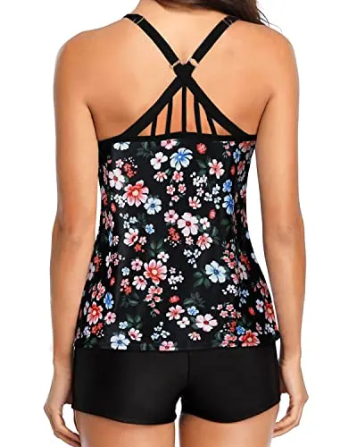Tummy Control & Modest Coverage Our Tankini Swimsuits For Women-Black Flowers