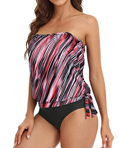 Tummy Control Bandeau Tankini Bathing Suits For Women-Pink Stripe