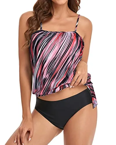 Tummy Control Bandeau Tankini Bathing Suits For Women-Pink Stripe