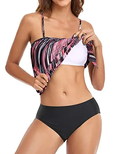 Tummy Control Bandeau Tankini Bathing Suits For Women-Pink Stripe