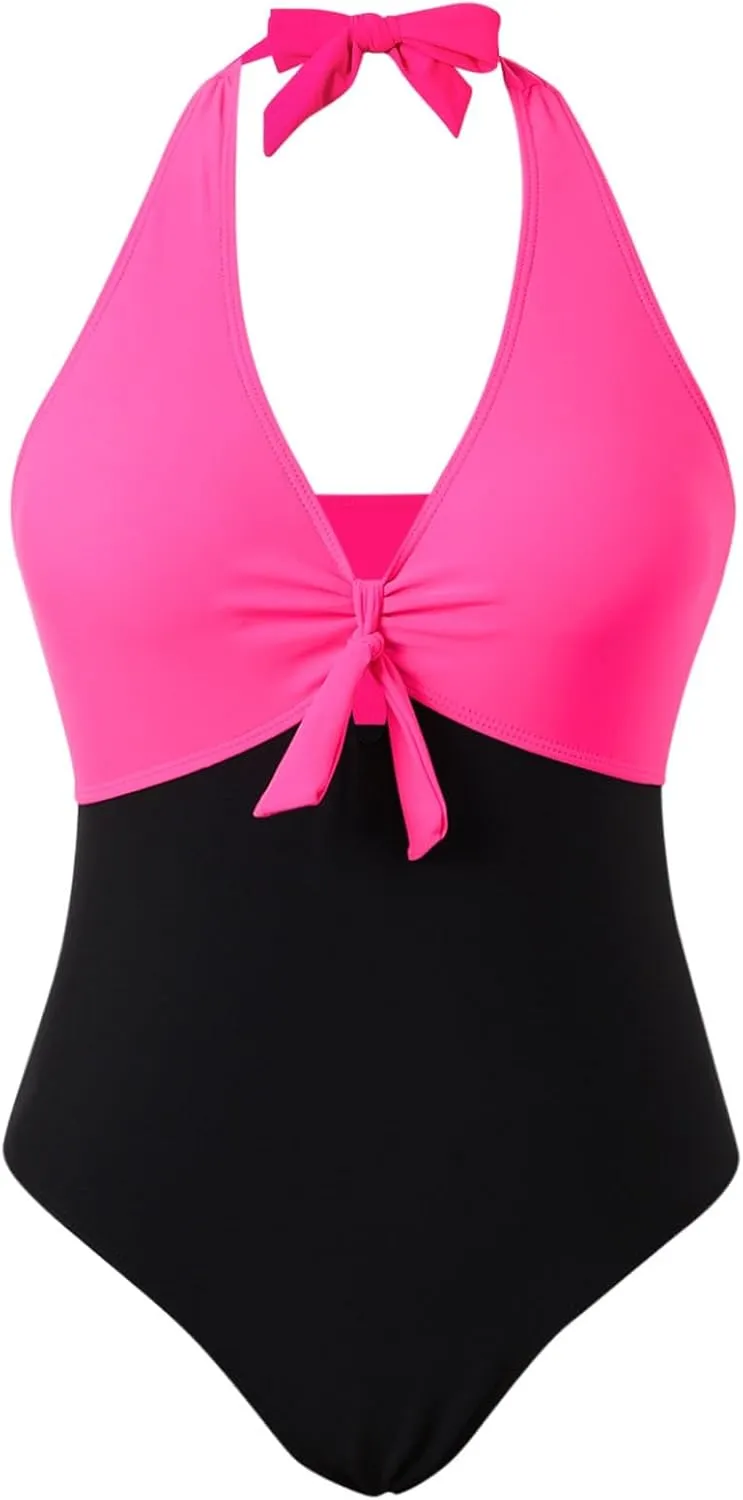 Tummy Control Bathing Suits for Women One Piece V Neck Push Up Swimsuits Slimming Backless Twist Front Swim Suit Swimwear