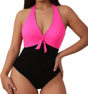 Tummy Control Bathing Suits for Women One Piece V Neck Push Up Swimsuits Slimming Backless Twist Front Swim Suit Swimwear