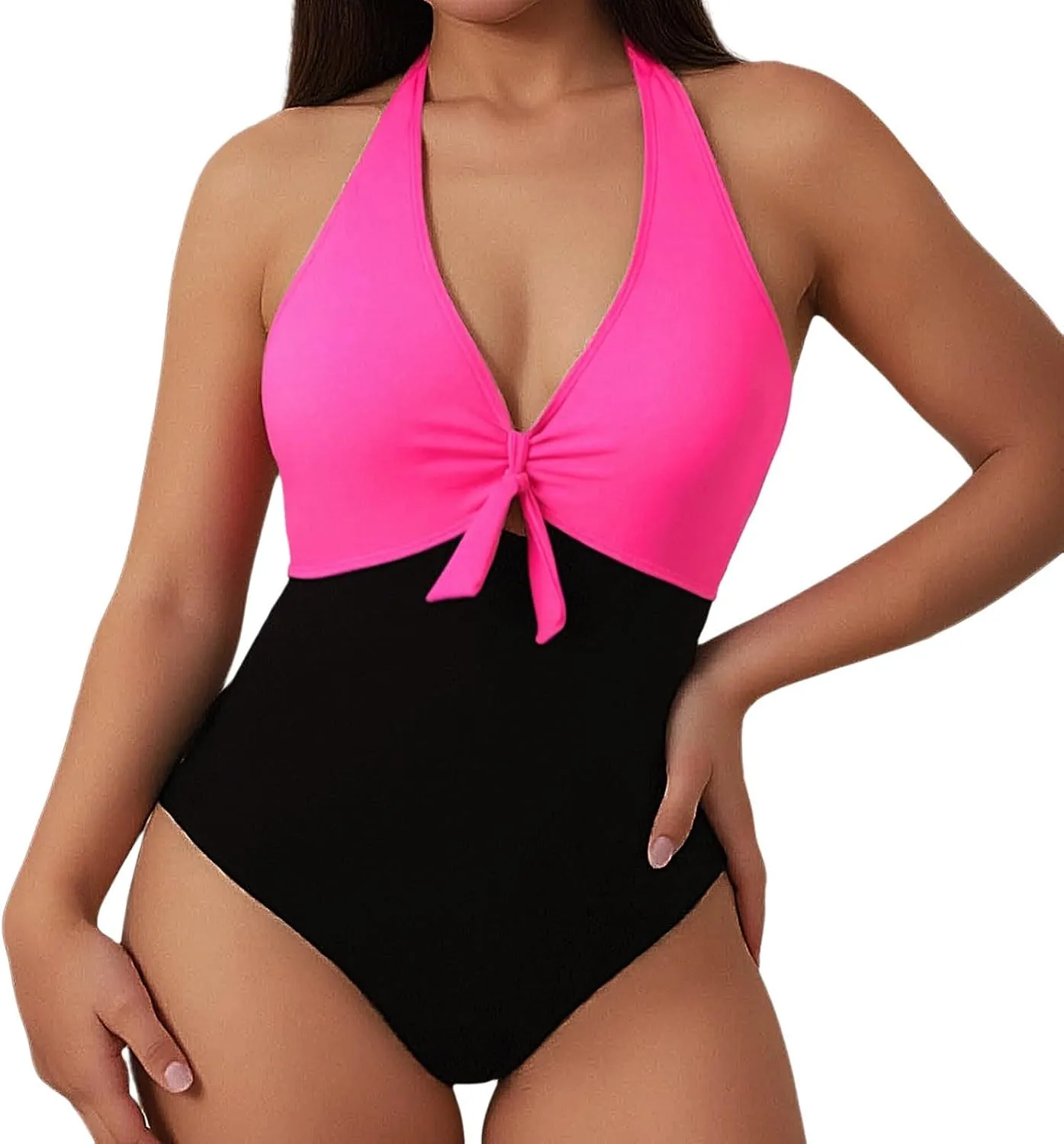 Tummy Control Bathing Suits for Women One Piece V Neck Push Up Swimsuits Slimming Backless Twist Front Swim Suit Swimwear