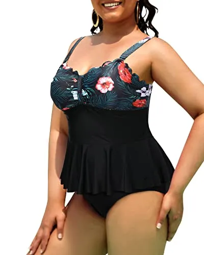 Tummy Control Bathing Suits Scalloped Design Plus Size Tankini Swimsuits-Black Floral