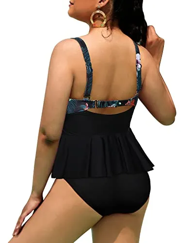 Tummy Control Bathing Suits Scalloped Design Plus Size Tankini Swimsuits-Black Floral