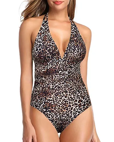 Tummy Control Halter Women One Piece Swimsuit For Ladies-Leopard