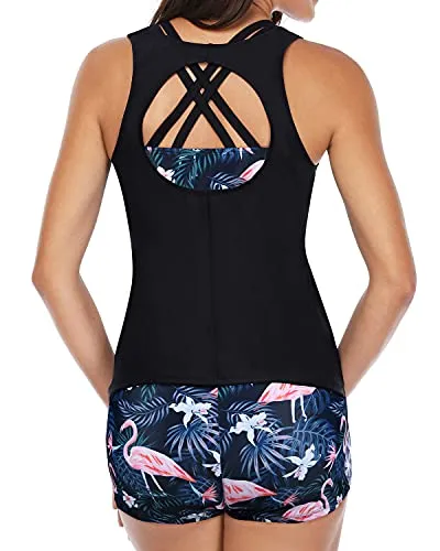 Tummy Control Modest Swimwear Boy Shorts 3 Piece Sets For Women-Black Flamingo