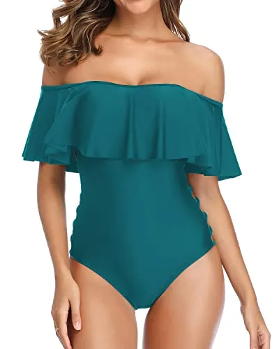 Tummy Control One Piece Bathing Suits With Ruffle For Women-Teal