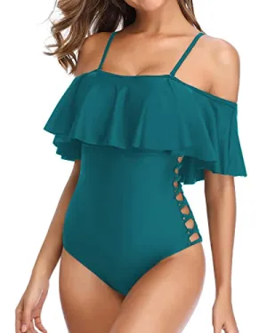 Tummy Control One Piece Bathing Suits With Ruffle For Women-Teal