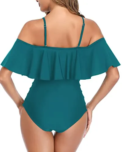 Tummy Control One Piece Bathing Suits With Ruffle For Women-Teal