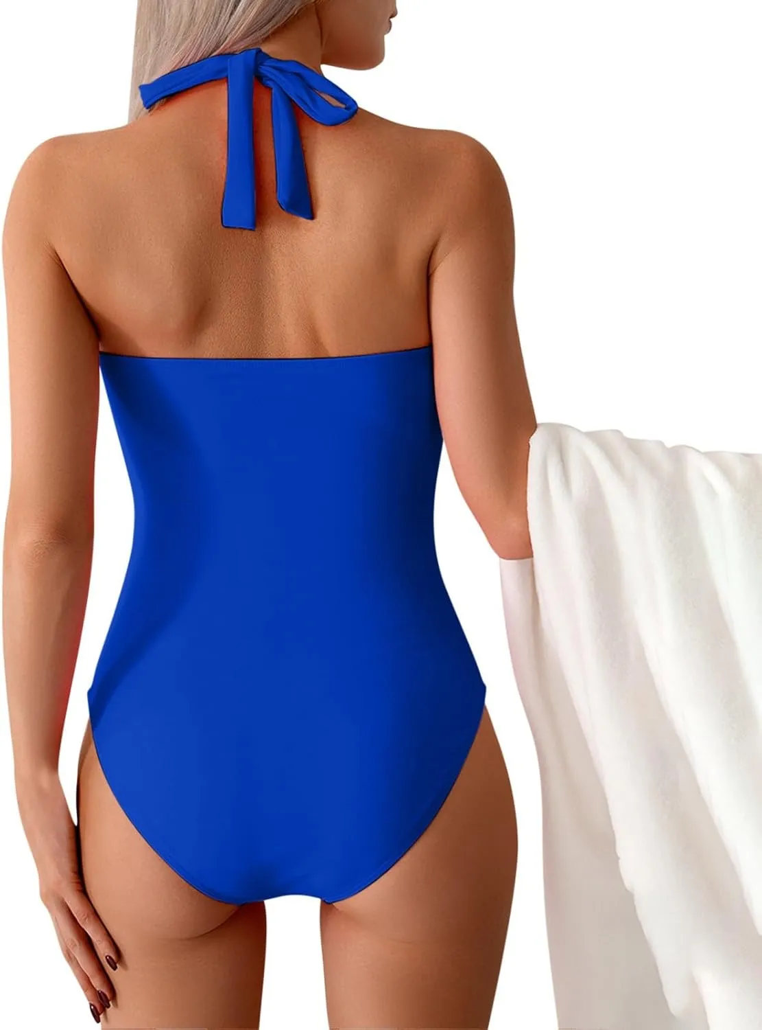 Tummy Control One Piece Swimsuit for Women Vintage Bathing Suits Ruched Swimwear Halter V Neck Backless Beachwear
