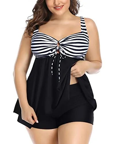 Tummy Control Plus Size Bathing Suits For Women With Shorts-Black And White Stripe