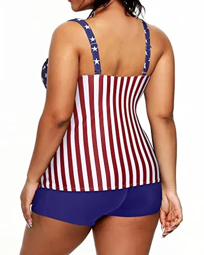 Tummy Control Plus Size Tankini Shorts Swimsuits For Women-American Flag