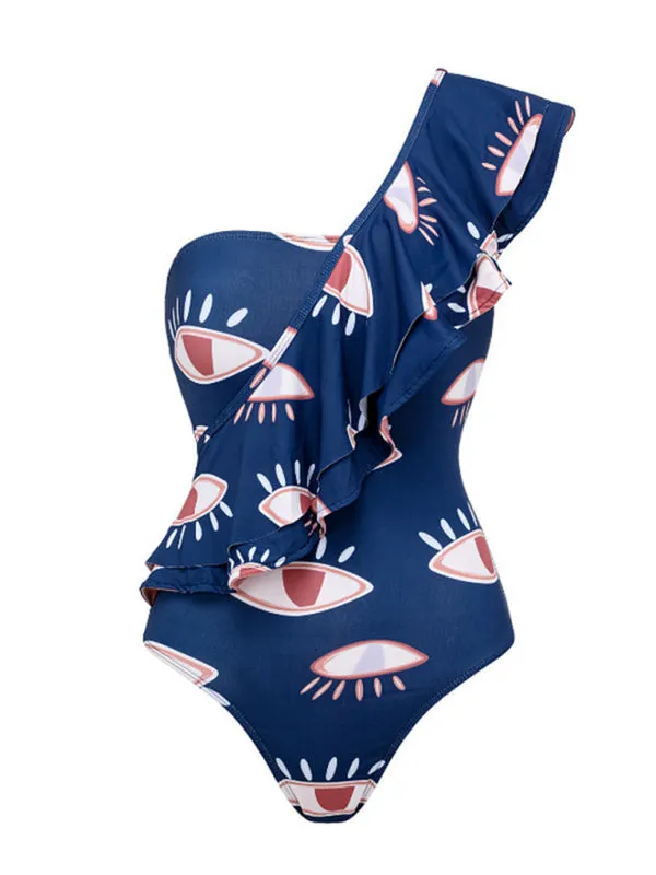 Tummy Control Ruffle Blue One-Piece Swimsuit in Eye Print