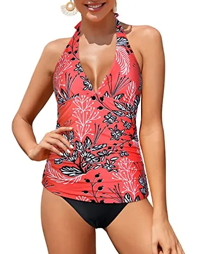 Tummy Control Swimsuits For Women With Plump Breasts-Red Floral