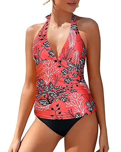 Tummy Control Swimsuits For Women With Plump Breasts-Red Floral