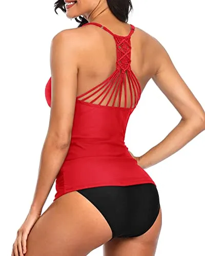 Tummy Control Two Piece V Neck Tankini Set Bathing Suits For Women-Neon Red