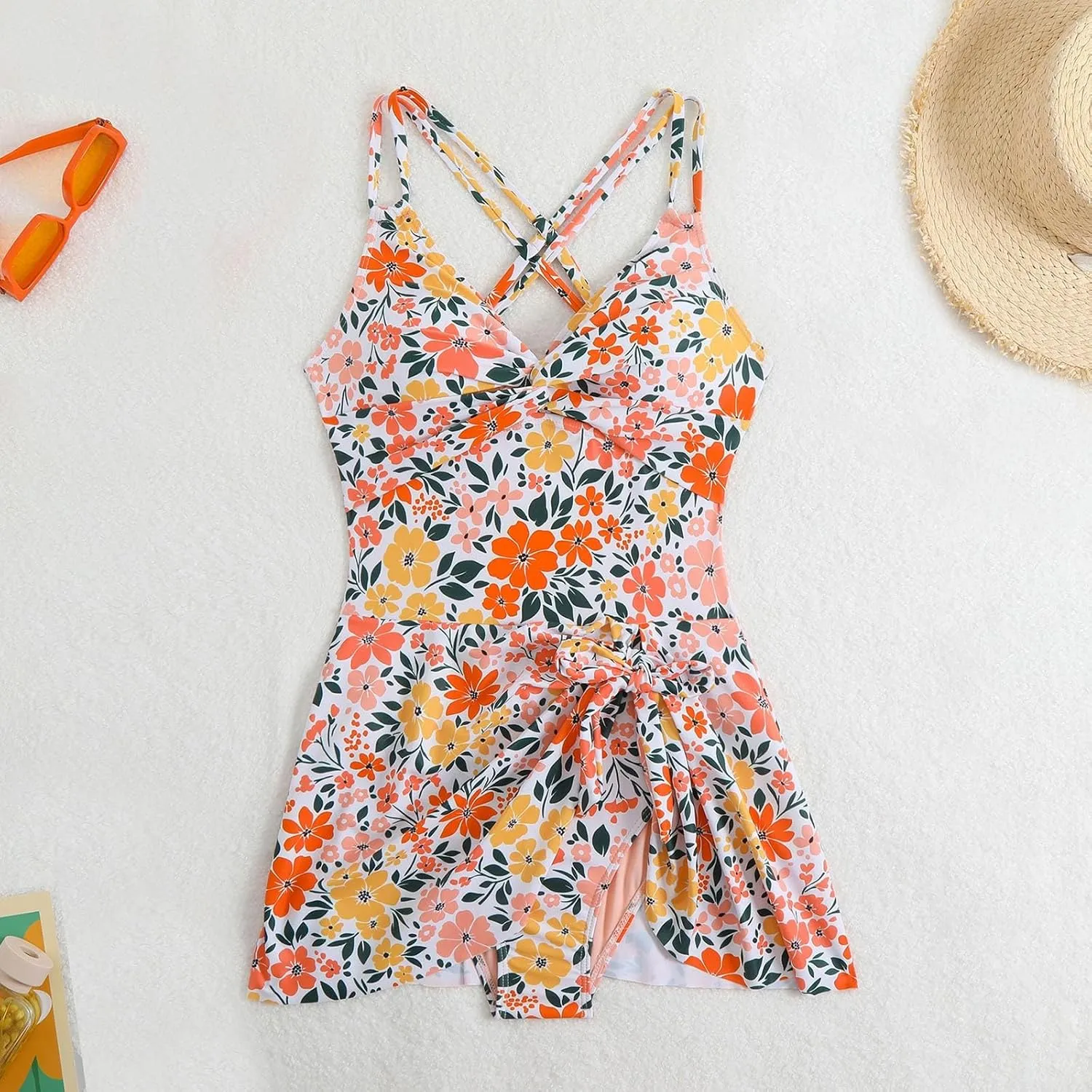 TUQIDEWU One Piece Bathing Suit for Women Swimsuit for Women Tummy Control Floral Print V Neck Backless Skirted Swim Dress