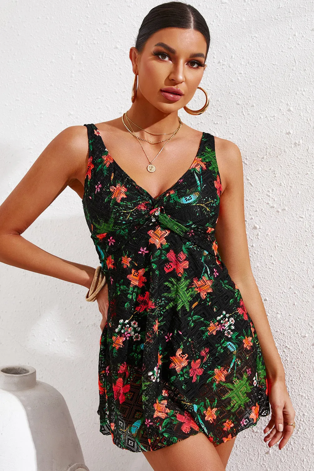 Twist Front Sleeveless Swim Dress with Bottoms