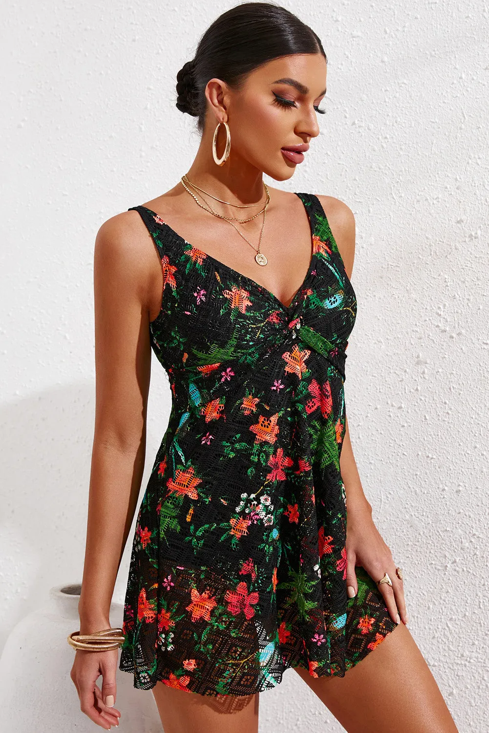 Twist Front Sleeveless Swim Dress with Bottoms
