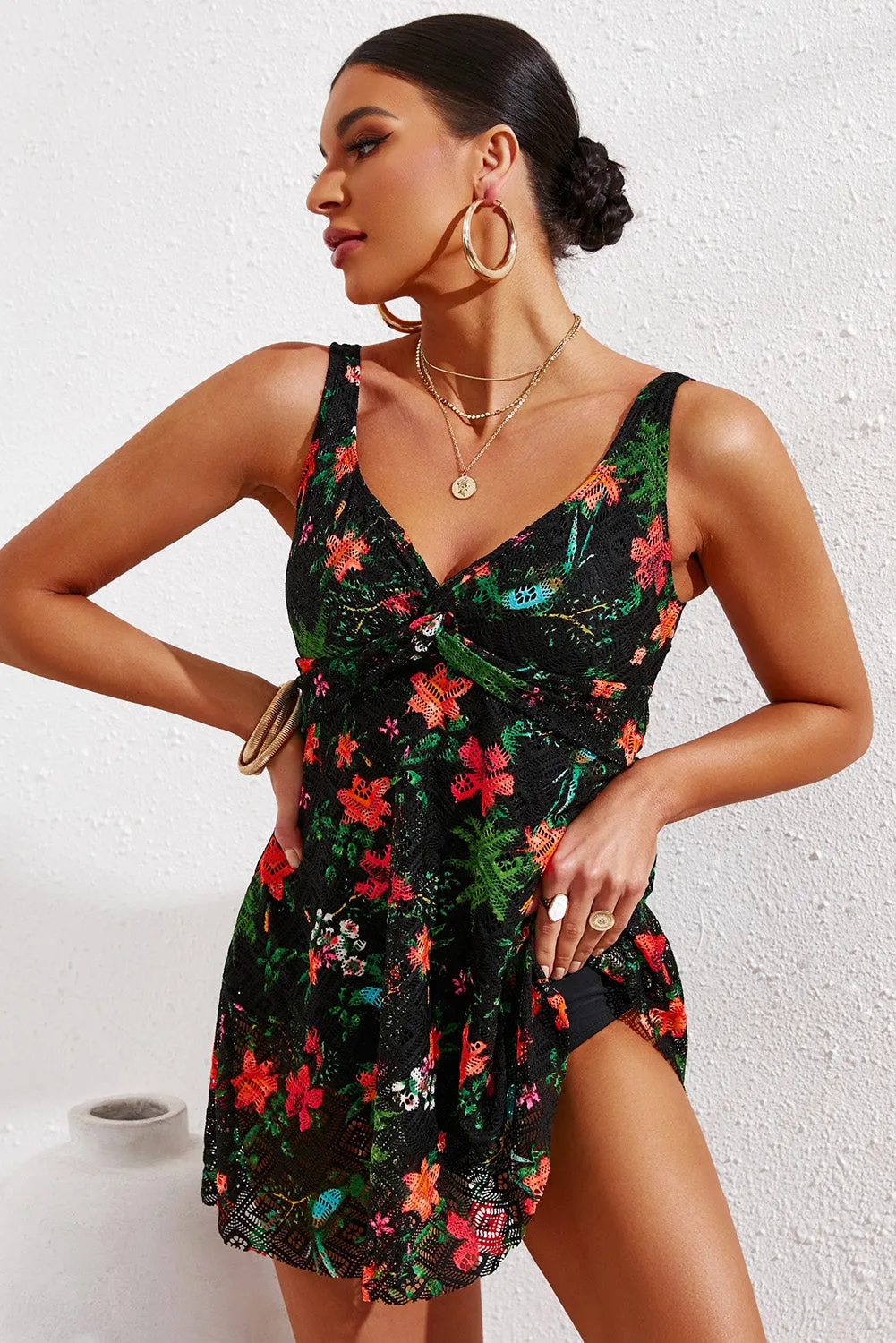Twist Front Sleeveless Swim Dress with Bottoms