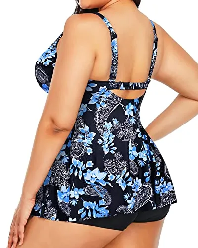 Twist Front Tankini Swimsuit For Maternity Women-Black Floral