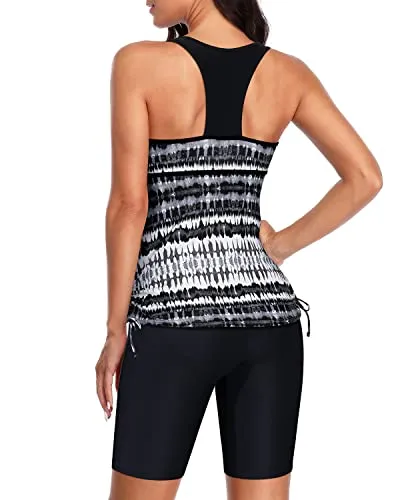 Two Piece Athletic Bathing Suit Swim Capris For Women-Black Tribal