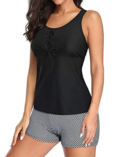 Two Piece Athletic Tankini Mesh Racerback And Boy Shorts Swimsuits-Black Stripe
