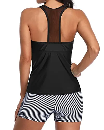 Two Piece Athletic Tankini Mesh Racerback And Boy Shorts Swimsuits-Black Stripe