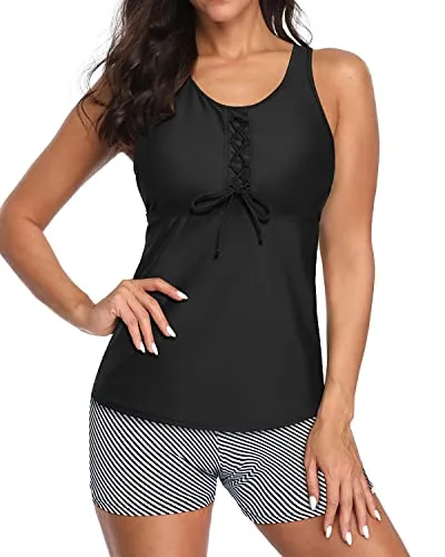 Two Piece Athletic Tankini Mesh Racerback And Boy Shorts Swimsuits-Black Stripe