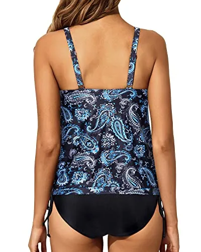 Two Piece Blouson Tankini Swimsuits For Women Tummy Control Bathing Suits-Blue Paisley