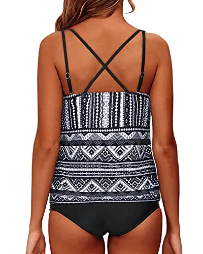 Two Piece Blouson Tankini Swimsuits Tummy Control For Women-Black Tribal