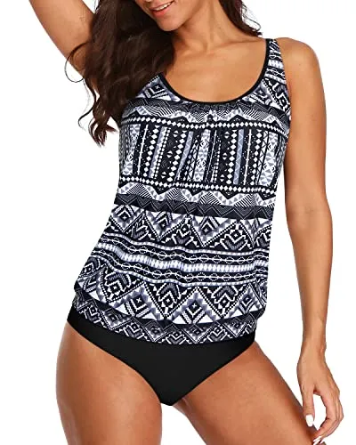 Two Piece Blouson Tankini Swimsuits Tummy Control For Women-Black Tribal