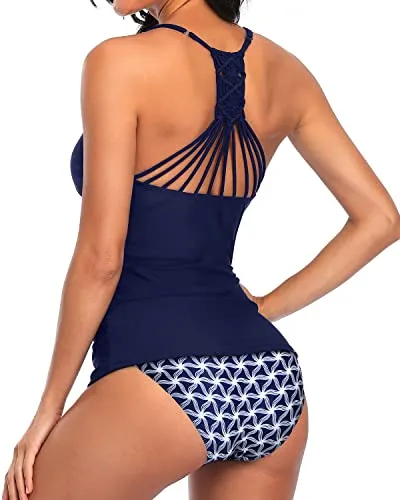 Two Piece Handmade Braid Macrame Tankini For Women-Navy Blue Tribal