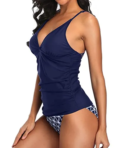 Two Piece Handmade Braid Macrame Tankini For Women-Navy Blue Tribal